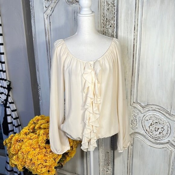 Karen Kane 100% Silk Elegant Cream Ruffle Long Sleeve Blouse - Picture 1 of 9